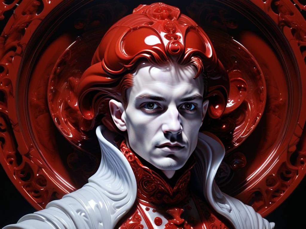 Digital Portrait of Man with Glossy Red Baroque Hairstyle and Ornamental Background