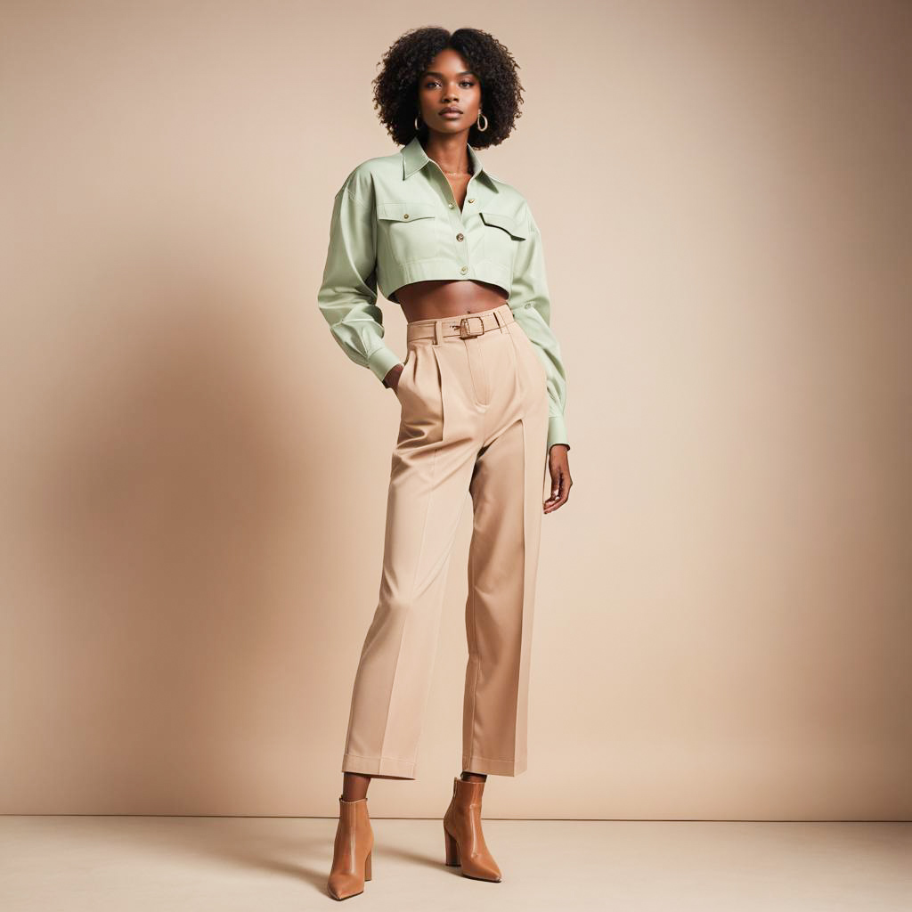 Confident Woman in Mint Green Cropped Shirt and Beige Trousers