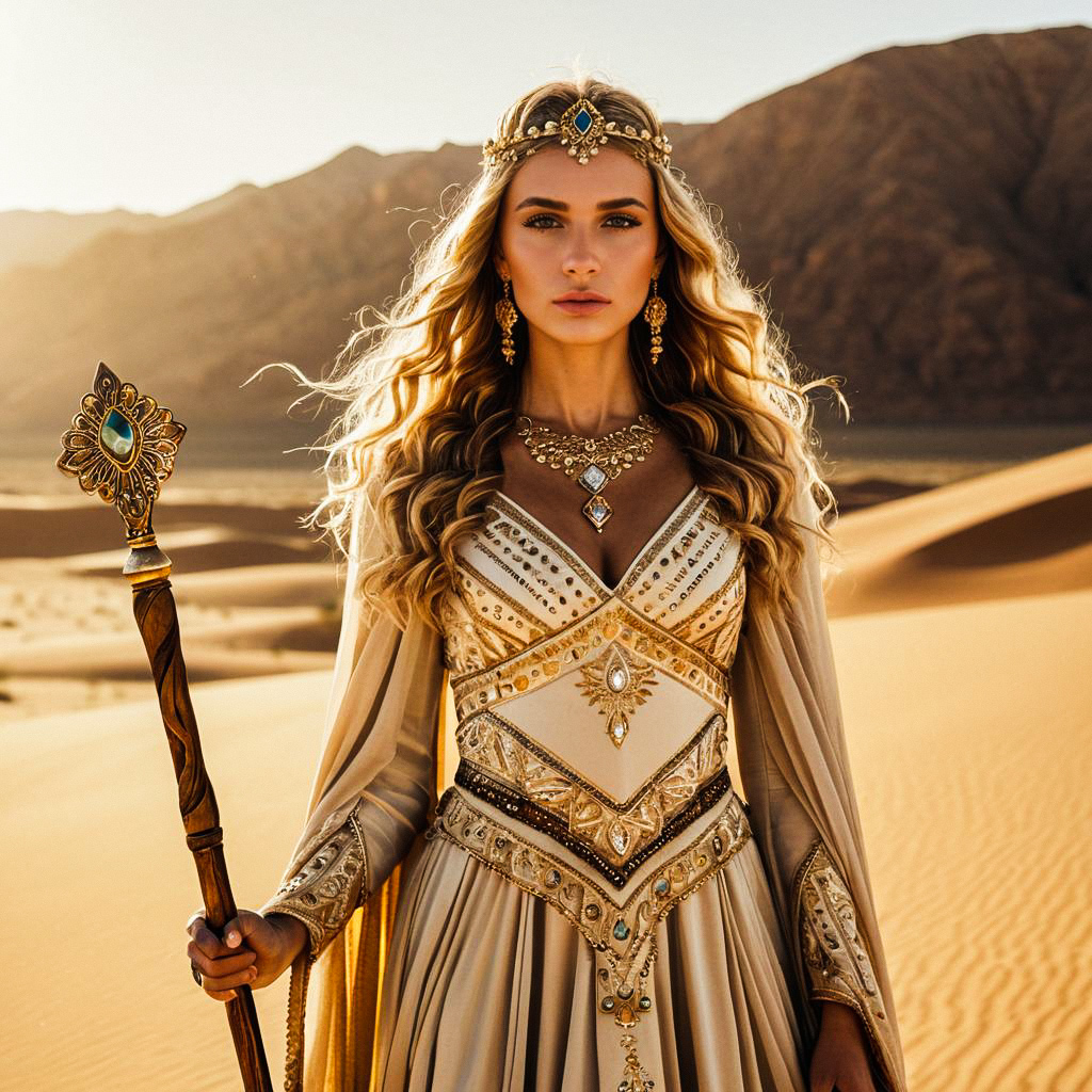 Regal Woman in Bejeweled Gown in Desert Regal Woman in Bejeweled Gown in Desert