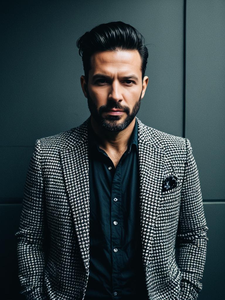 Man in Modern Fashion Outfit with Houndstooth Blazer Cinematic Portrait