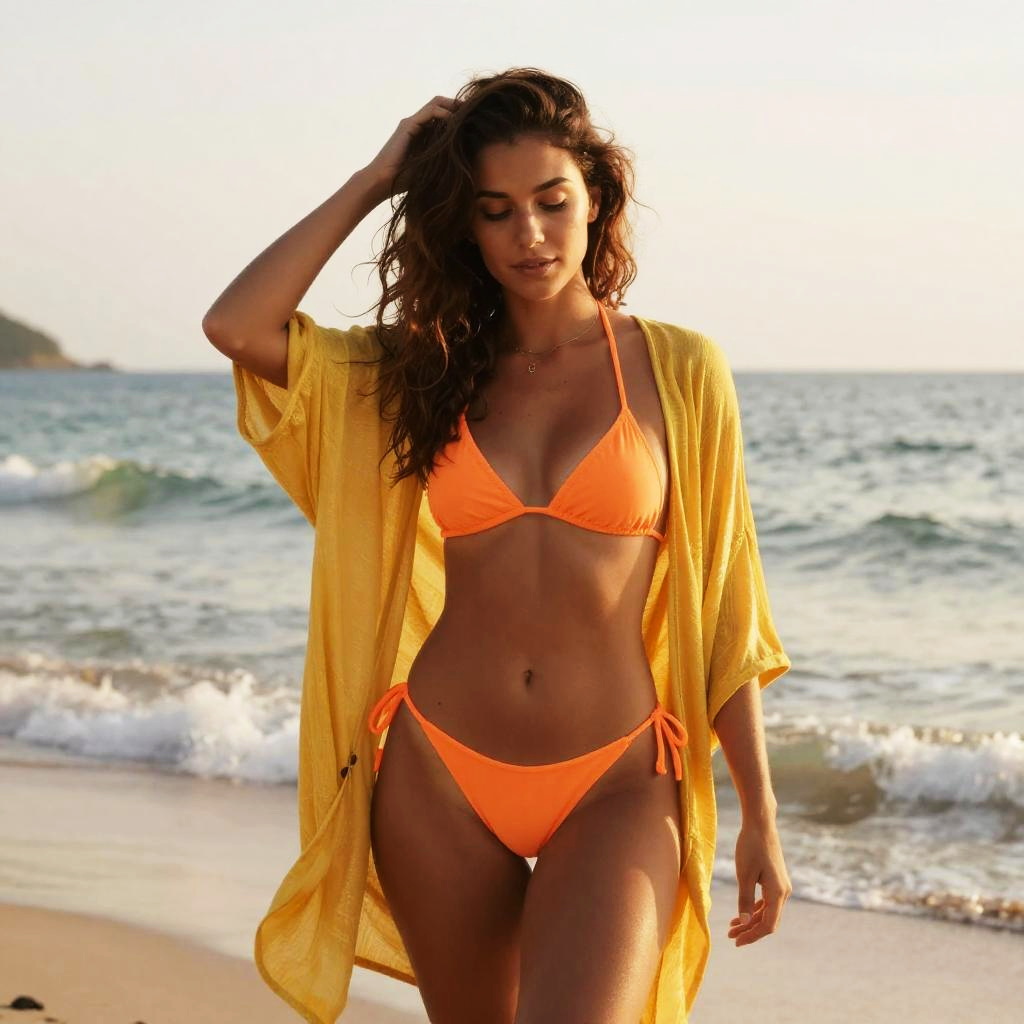 Woman in Orange Bikini and Yellow Cover-Up on Beach at Sunset
