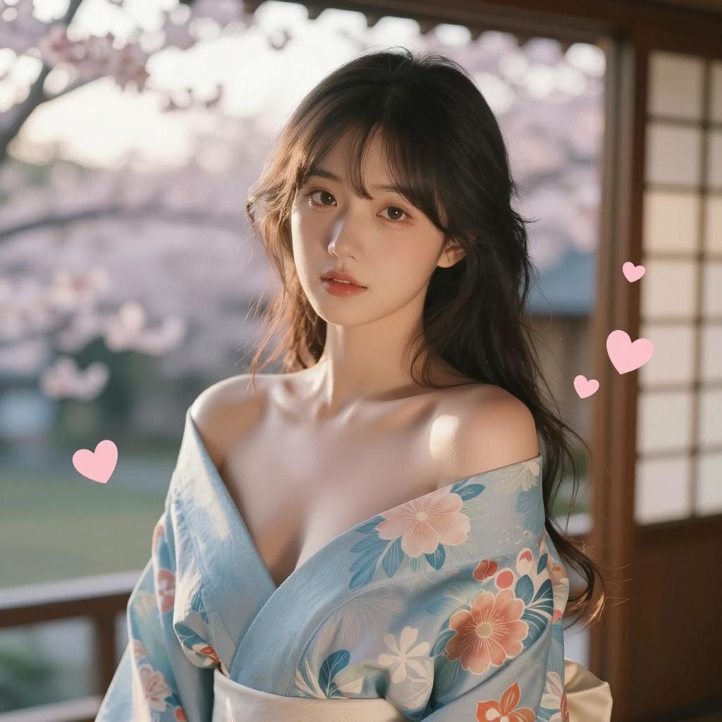 Young Woman in Traditional Floral Kimono with Cherry Blossoms