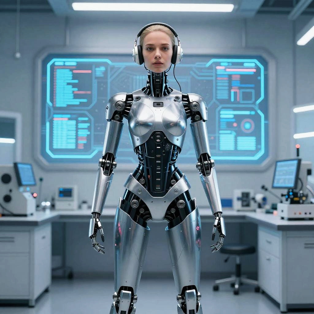 Futuristic Female Humanoid Robot with Human Face in High-Tech Lab