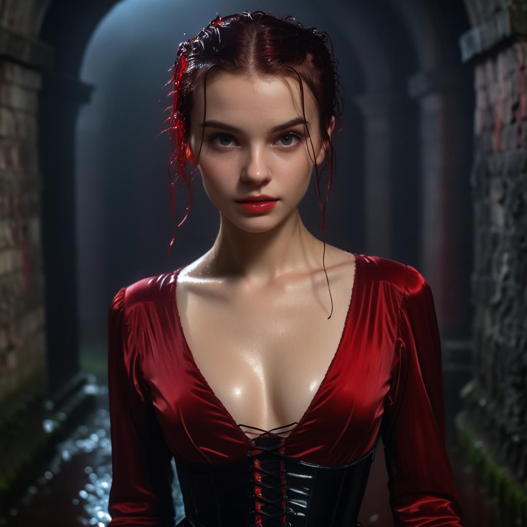 Victorian-inspired woman in red outfit