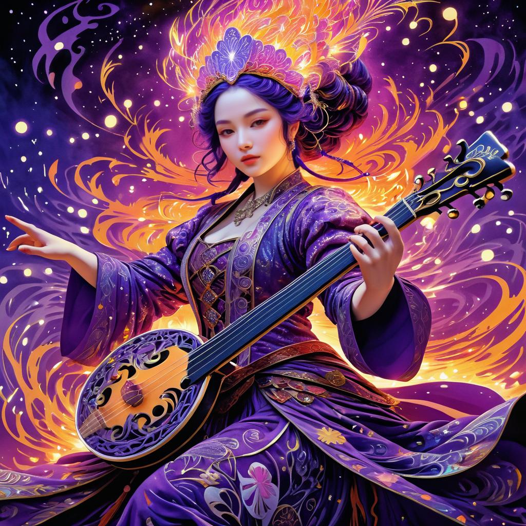 Woman in Purple Gown Playing Stringed Instrument in Cosmic Flames