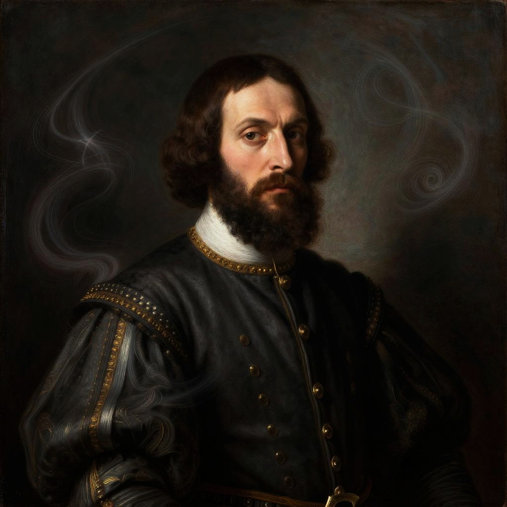 Renaissance Man Portrait in Dark Doublet with Gold Details