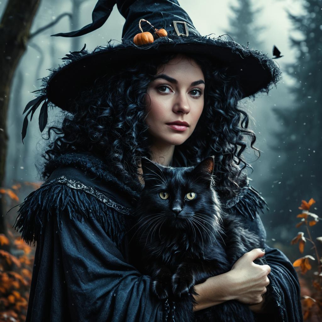 Fantasy Witch Woman Holding Black Cat in Mystical Forest