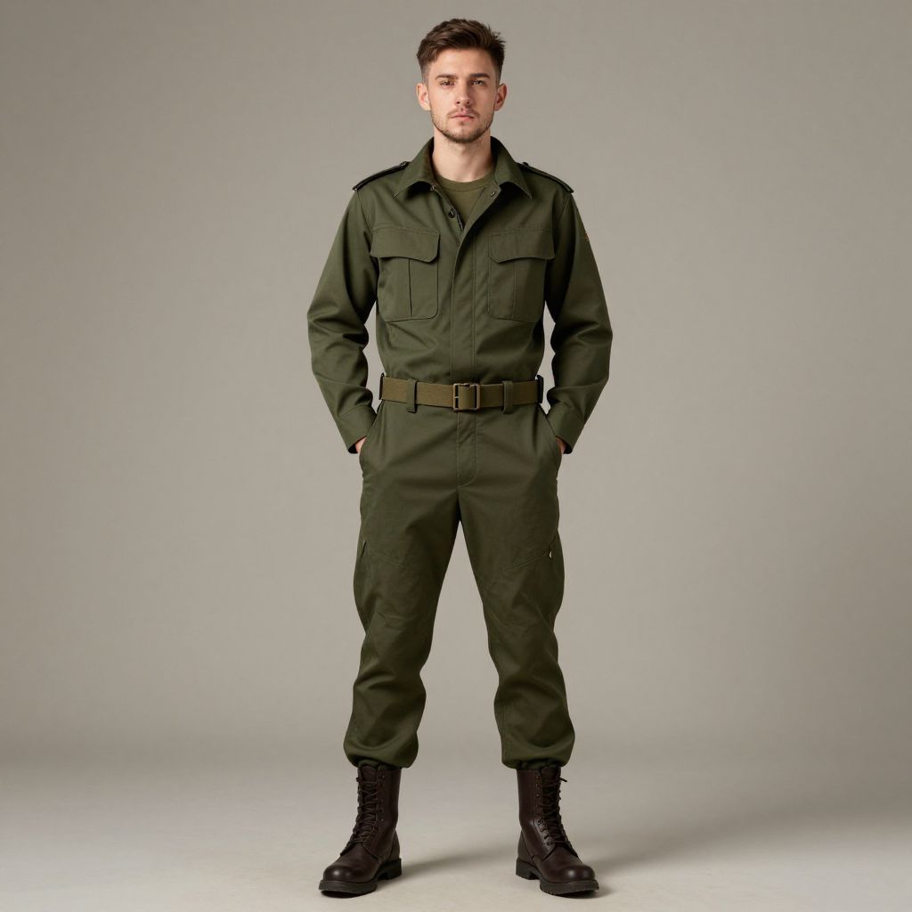 Man Wearing Green Military-Style Uniform with Cargo Pants and Combat Boots