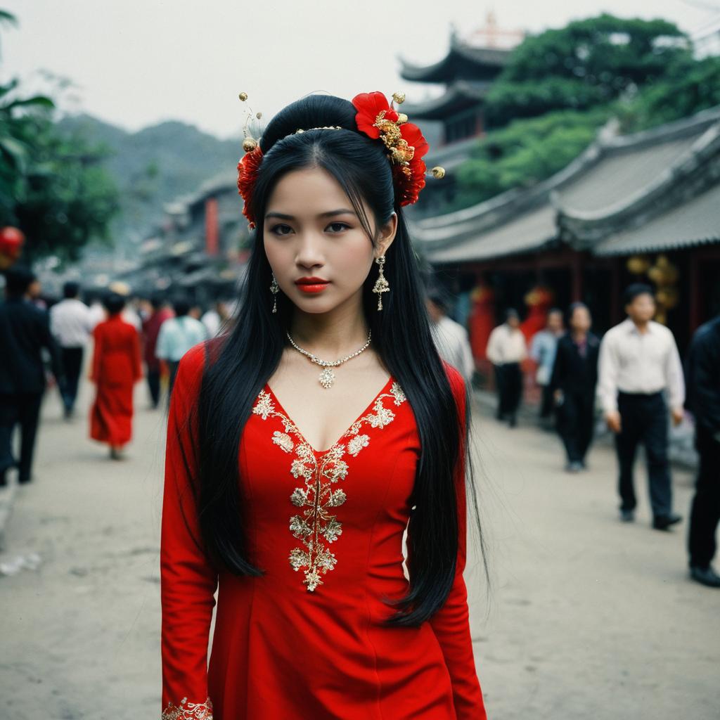 Young Woman in Red Dress with Gold Embroidery on Historic Street Young Woman in Red Dress with Gold Embroidery on Historic Street