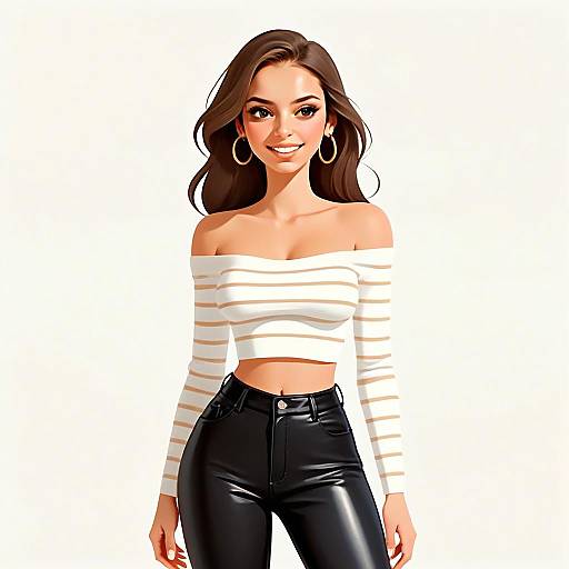 Stylish Woman in Casual Chic Outfit with Long Hair and Leather Pants