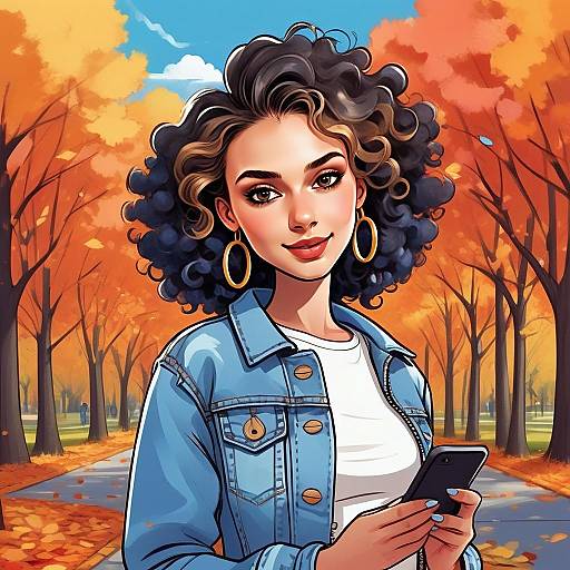 Young Woman with Curly Hair in Denim Jacket Using Smartphone on Autumn Path