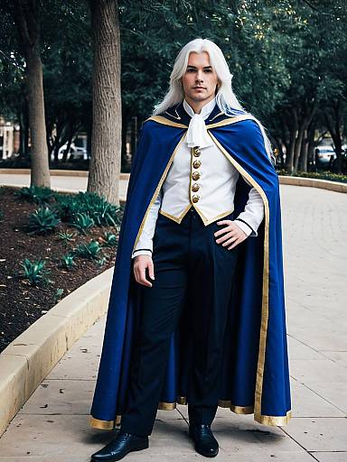 Man in Royal Blue Cape and Historical Fantasy Costume