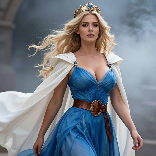 Blonde Woman in Blue Medieval Fantasy Dress with Crown and Cape
