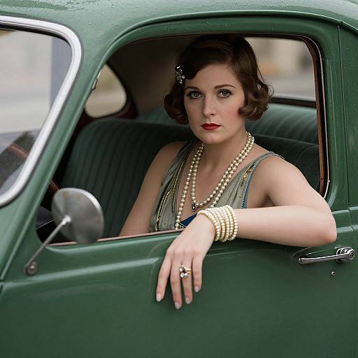 Vintage 1920s Woman in Classic Green Car with Pearl Jewelry