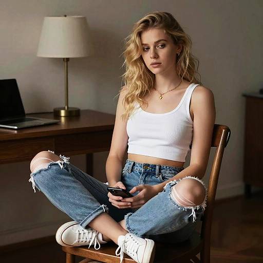 Casual Young Woman Sitting on Chair with Phone in Modern Room