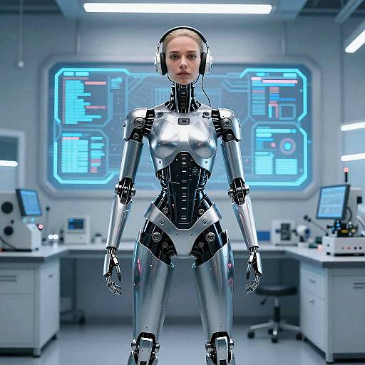 Futuristic Female Humanoid Robot with Human Face in High-Tech Lab