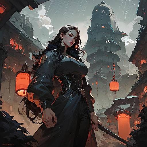 Dark Fantasy Woman with Sword in Lantern-Lit Fantasy Cityscape