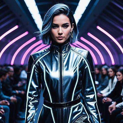 Futuristic Cyberpunk Fashion Model on Neon Runway