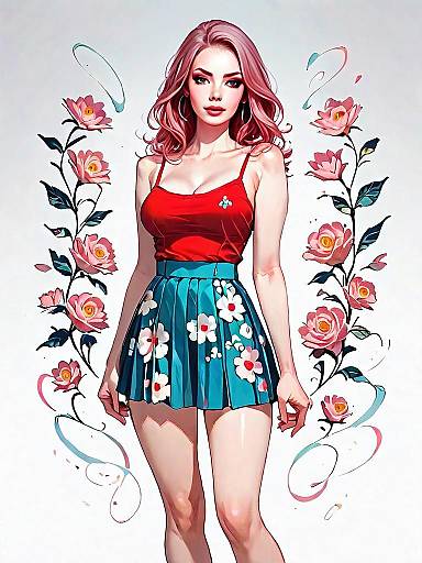 Stylish Woman Full Body Digital Art with Floral Skirt and Red Top