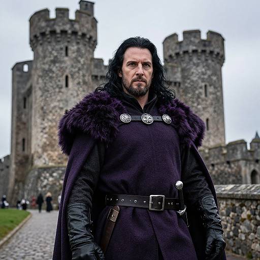 Medieval Warrior Man Standing in Front of Stone Castle