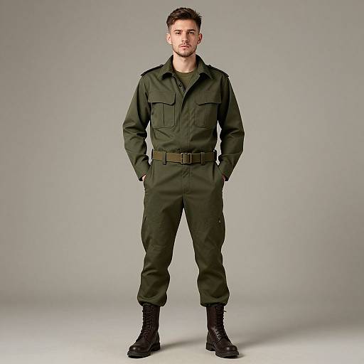 Man Wearing Green Military-Style Uniform with Cargo Pants and Combat Boots