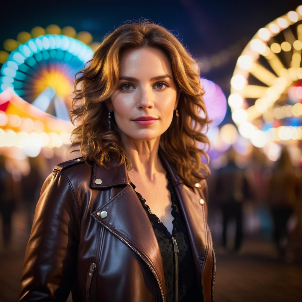 Woman in Leather Jacket at Colorful Fairground