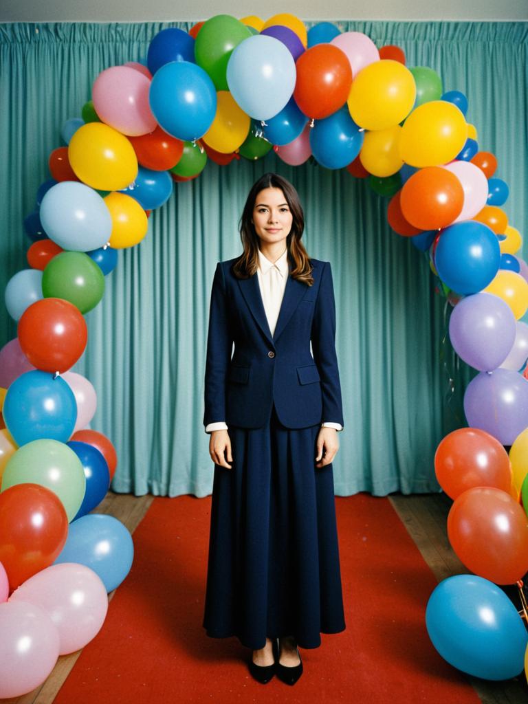 Woman in Navy Blue Suit Standing Under Colorful Balloon Arch