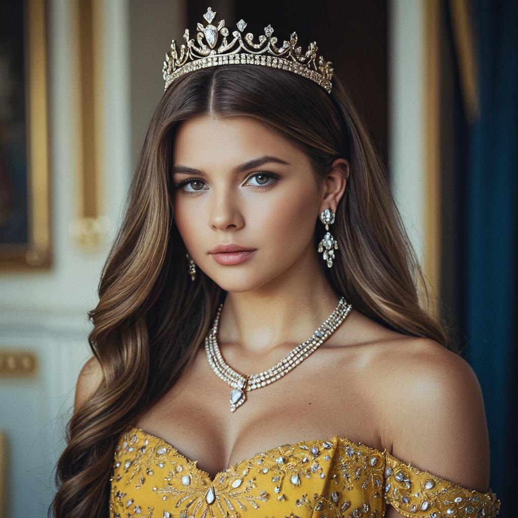 Elegant Woman Wearing Princess Tiara and Jewelry in Yellow Embellished Dress