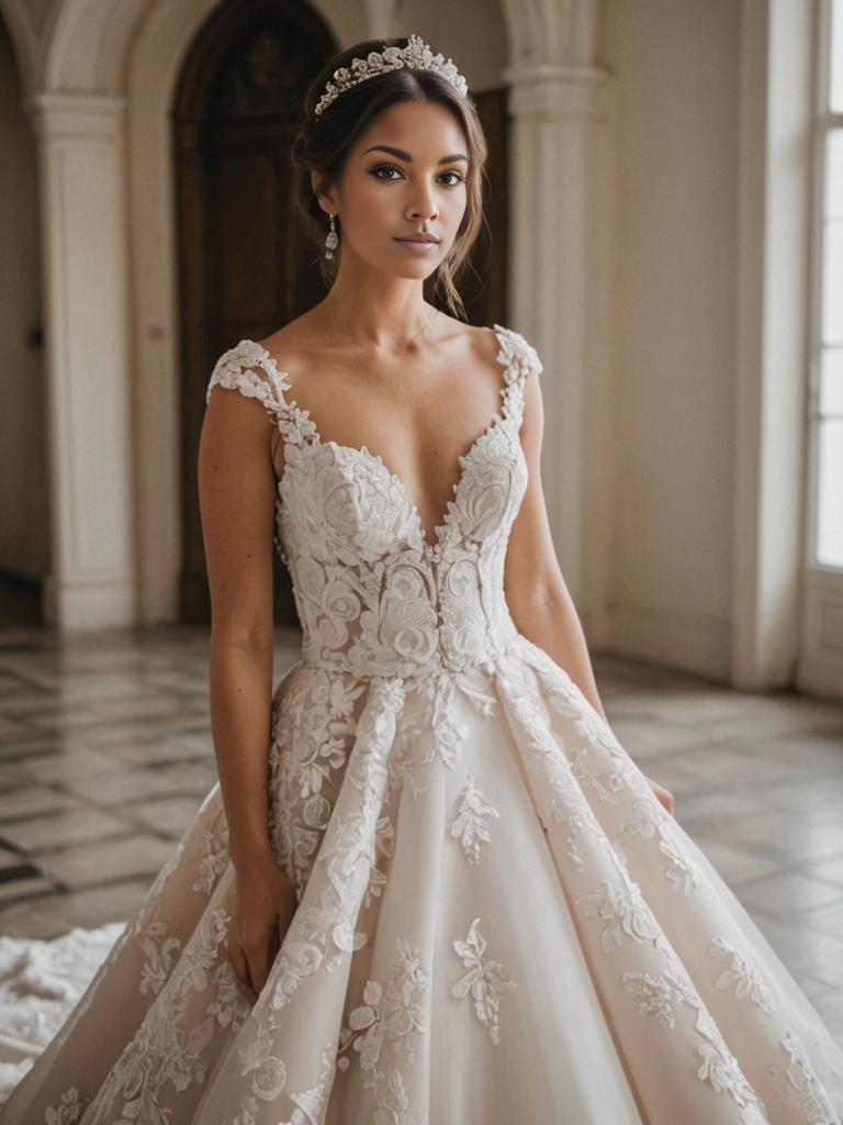 Elegant Woman in Lace Wedding Dress with Tiara