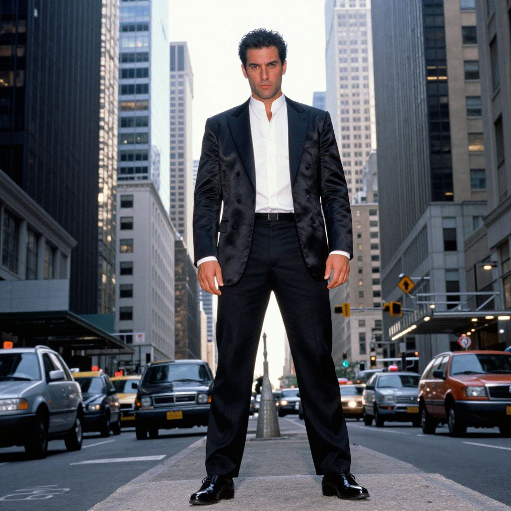 Confident Man in Black Suit Standing on Busy Urban Street