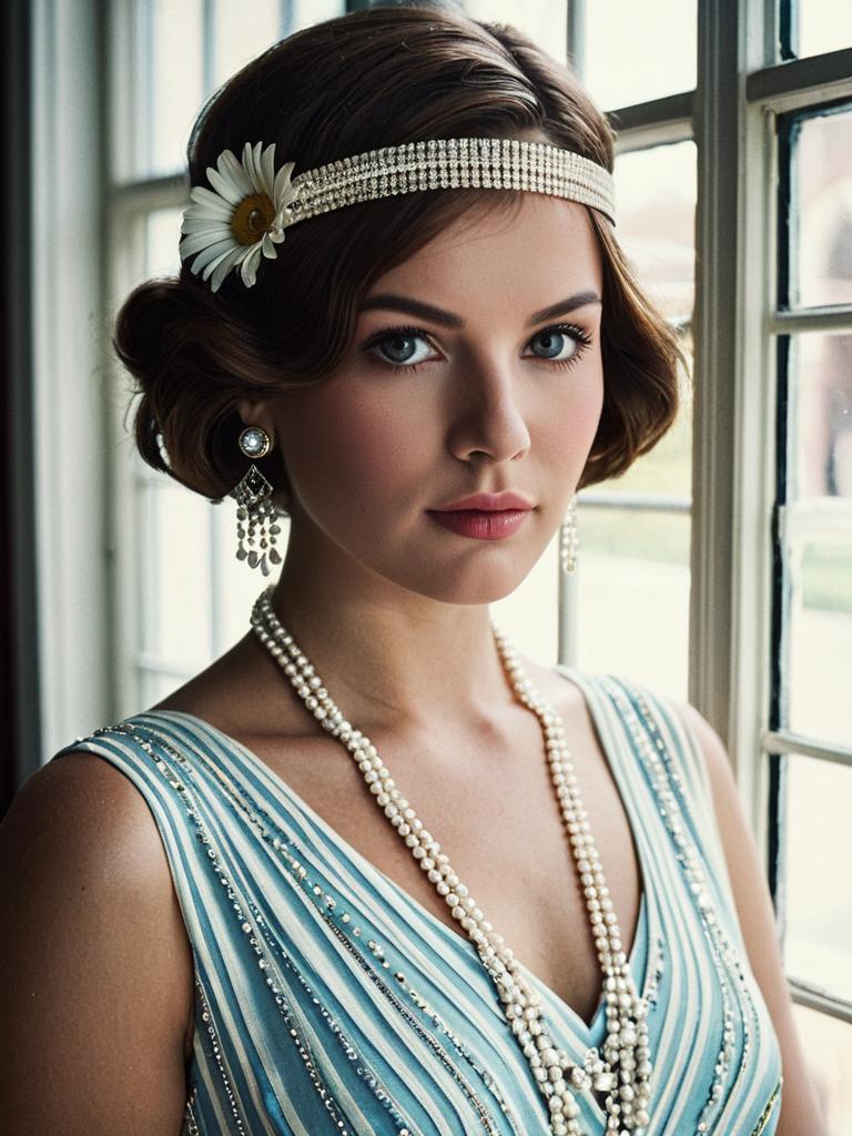 Elegant Woman in Great Gatsby Costume with Daisy and Pearl Jewelry