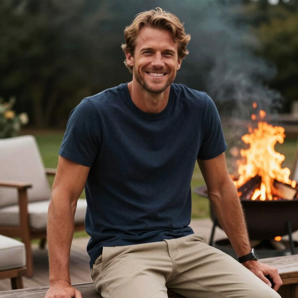 Smiling Man Sitting Outdoors by Fire Pit in Casual Outfit