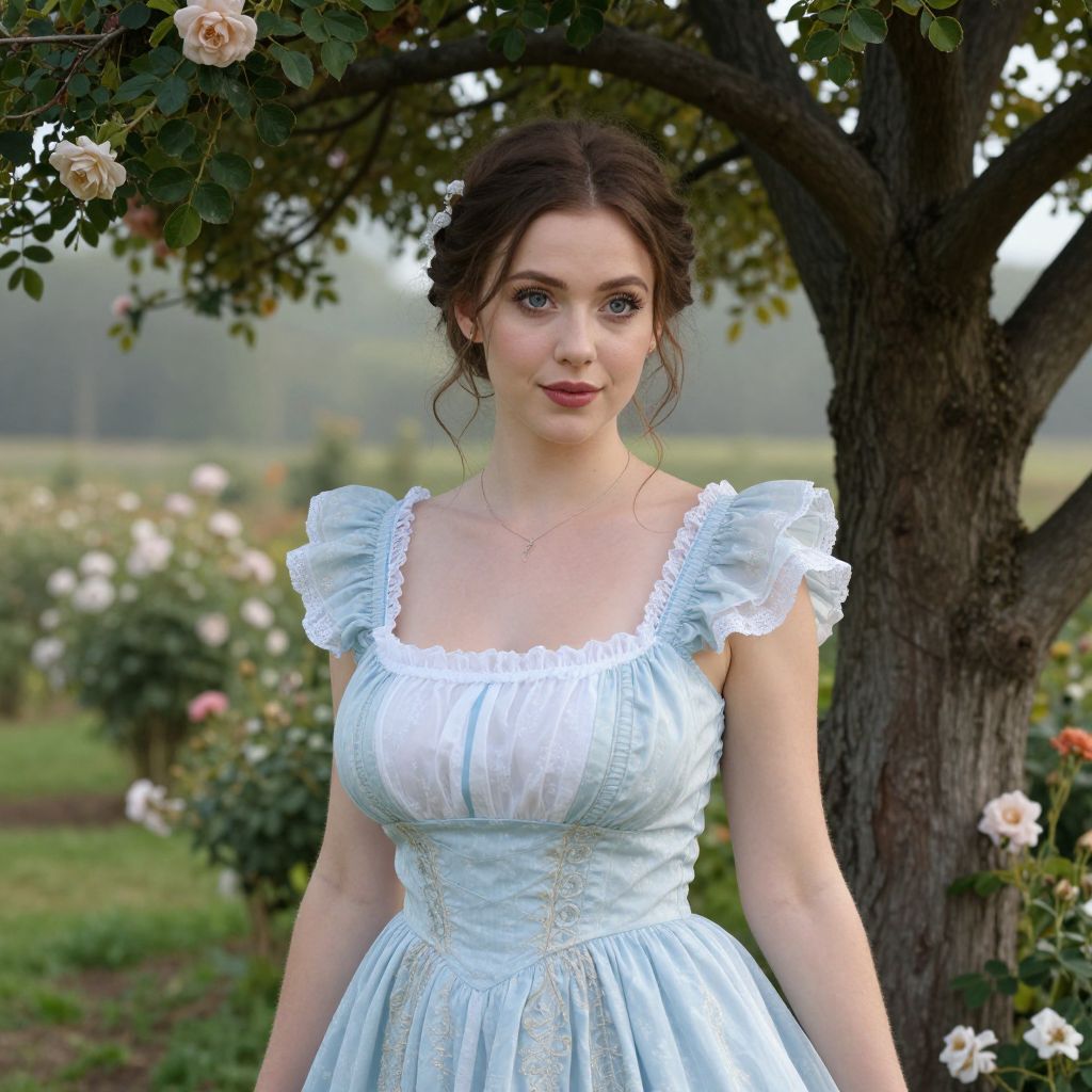 Young Woman in Vintage Blue Dress in Blooming Rose Garden