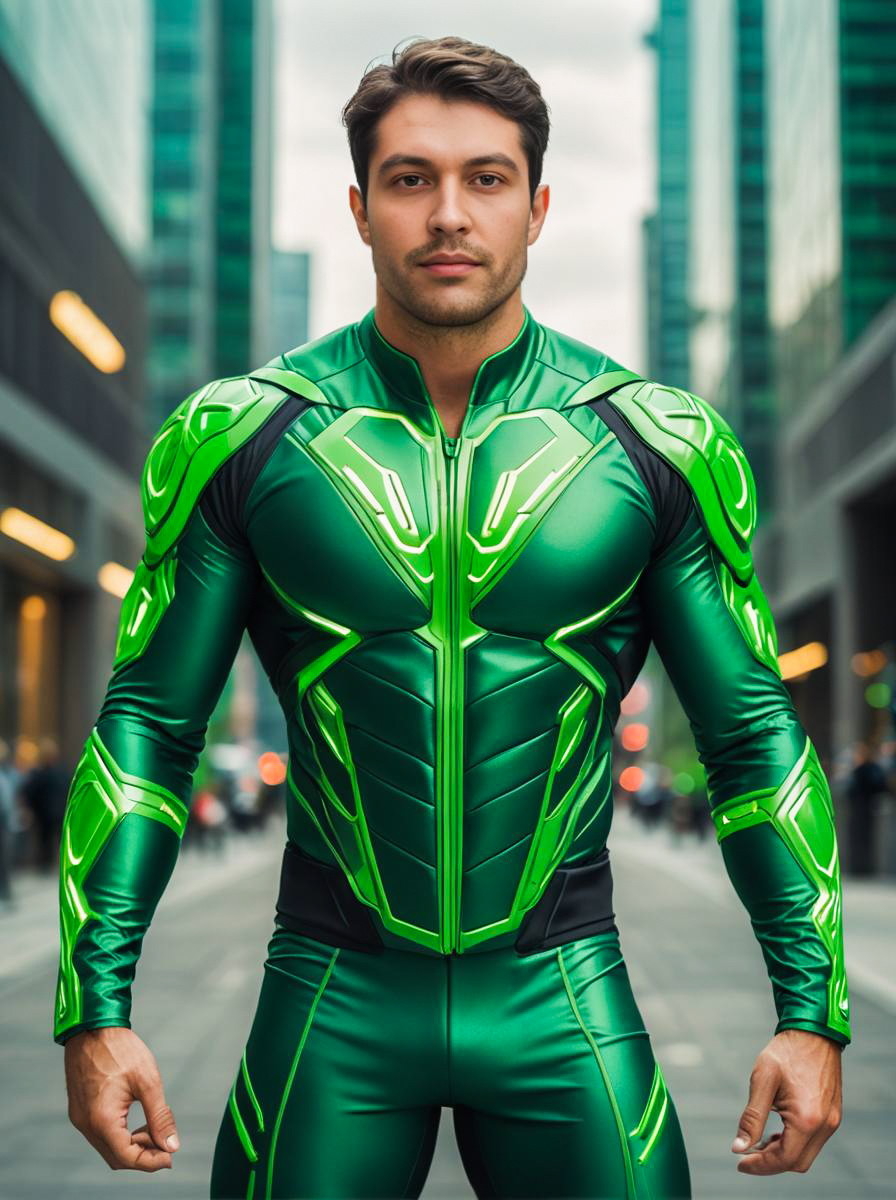 Muscular Man in Futuristic Green Suit