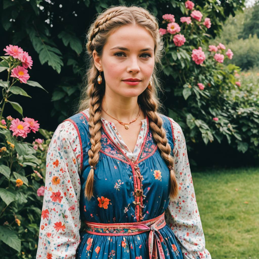 Young Woman in Floral Dress Among Flowers