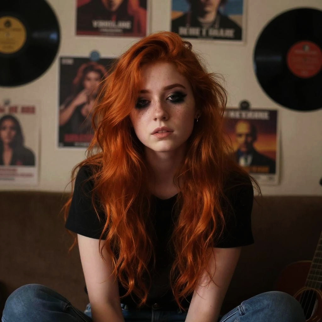 Portrait of Red-Haired Gen Z Woman with Retro Vinyl Background