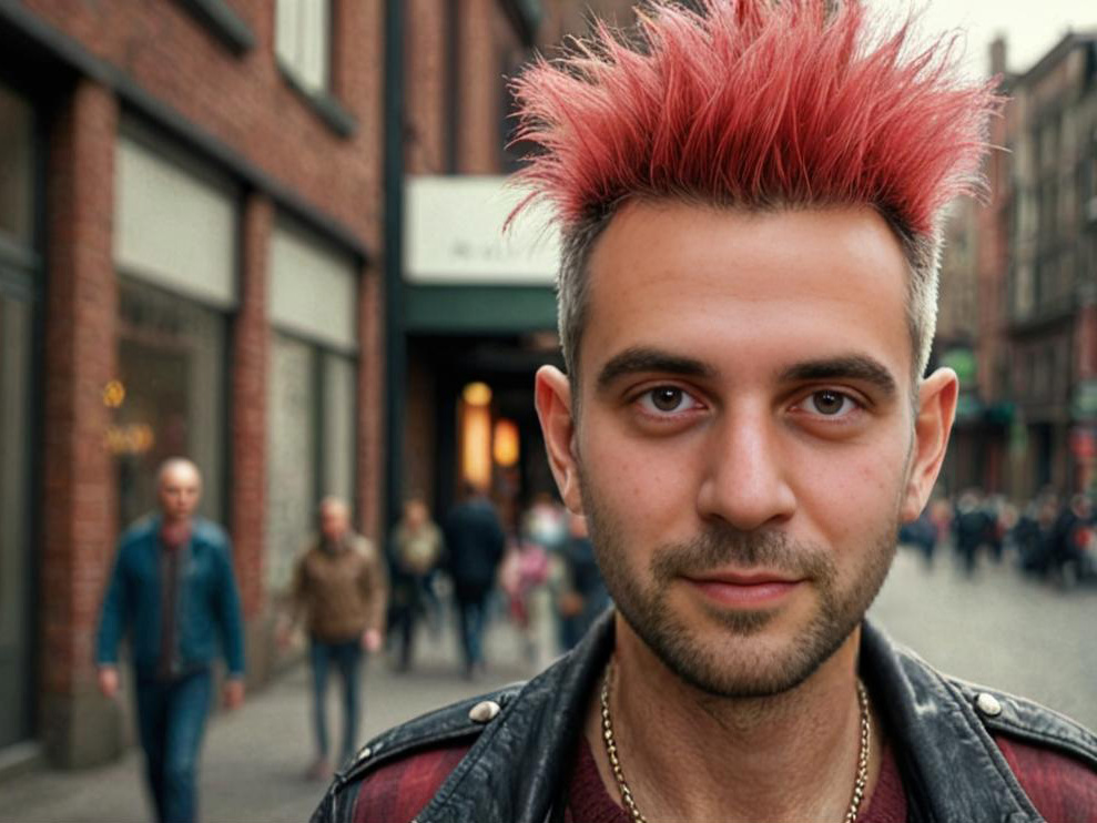 Man with Pink Hair in Leather Jacket on Bustling Street