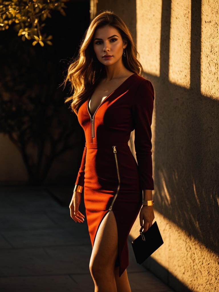 Woman in Chic Fitted Knee-Length Red Dress with V-Neck and Front Zippers