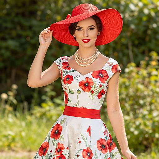 Woman in Red Poppy Floral Dress and Wide-Brimmed Hat Outdoors