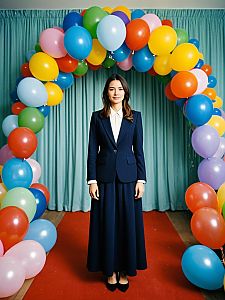 Woman in Navy Blue Suit Standing Under Colorful Balloon Arch