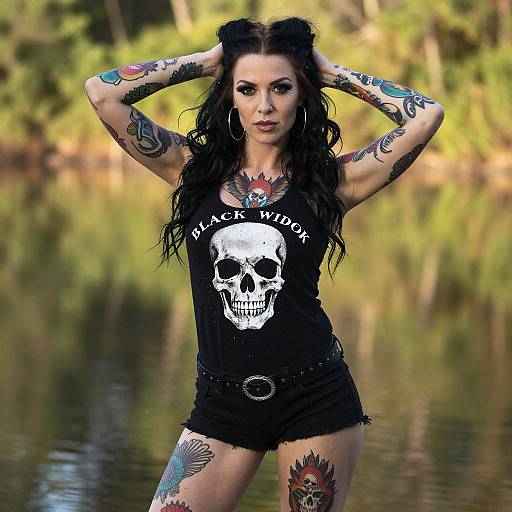 Tattooed Woman in Black Widok Skull Tank Top Outdoor Portrait