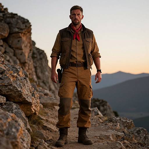 Man in Tactical Outfit Standing on Mountain Trail During Sunset
