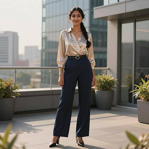 Confident Woman in Stylish Silky Blouse and Navy Trousers on Rooftop