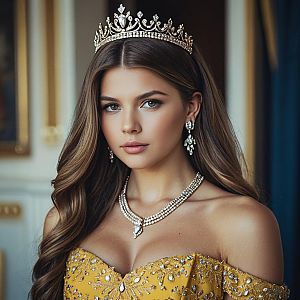 Elegant Woman Wearing Princess Tiara and Jewelry in Yellow Embellished Dress