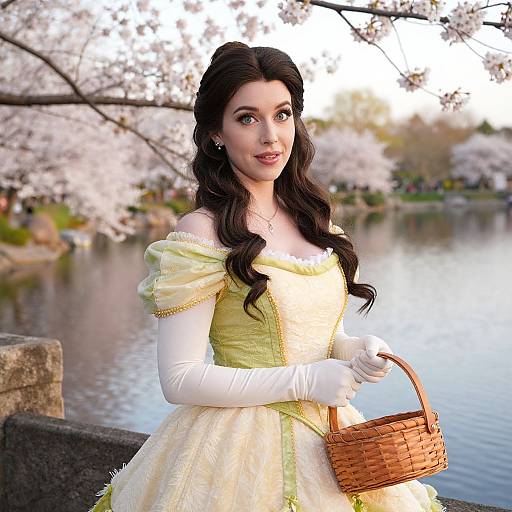 Woman in Vintage Yellow Ball Gown with Basket by Cherry Blossom Lake