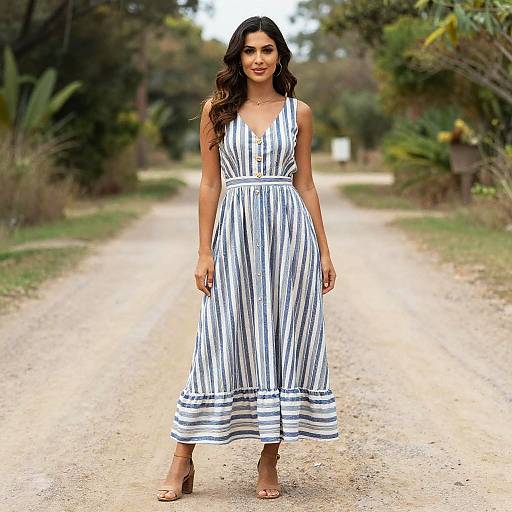 Woman in Woodstock Style Striped Dress Standing on Dirt Path