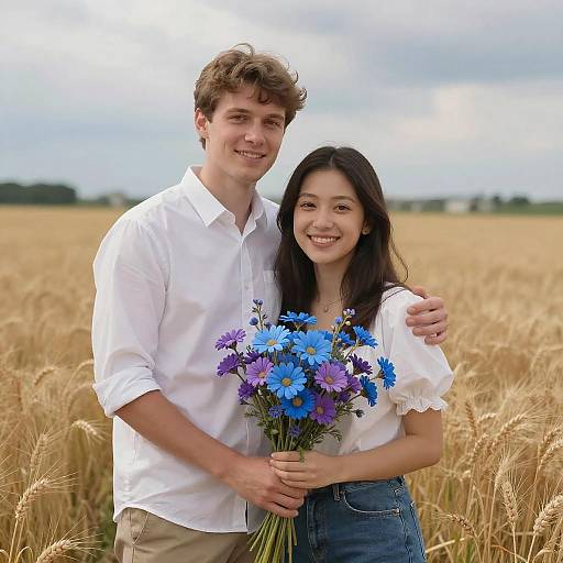 Joyful Young Couple Holding Bouquet in Wheat Field