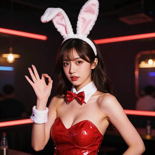 Young Woman in Red Bunny Costume with Playful Pose in Nightclub
