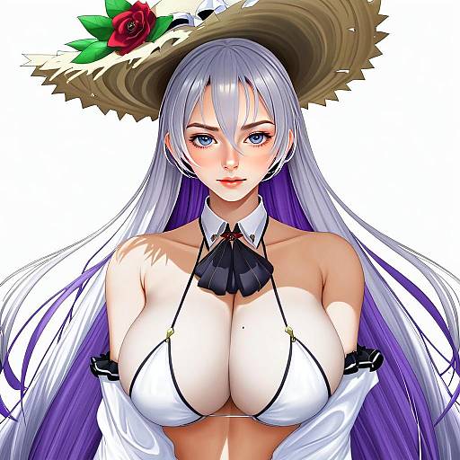 Anime Woman in White Bikini with Straw Hat and Rose - Algerie Azur Lane Style