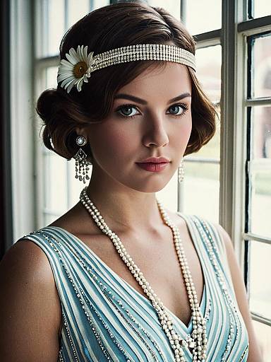 Elegant Woman in Great Gatsby Costume with Daisy and Pearl Jewelry